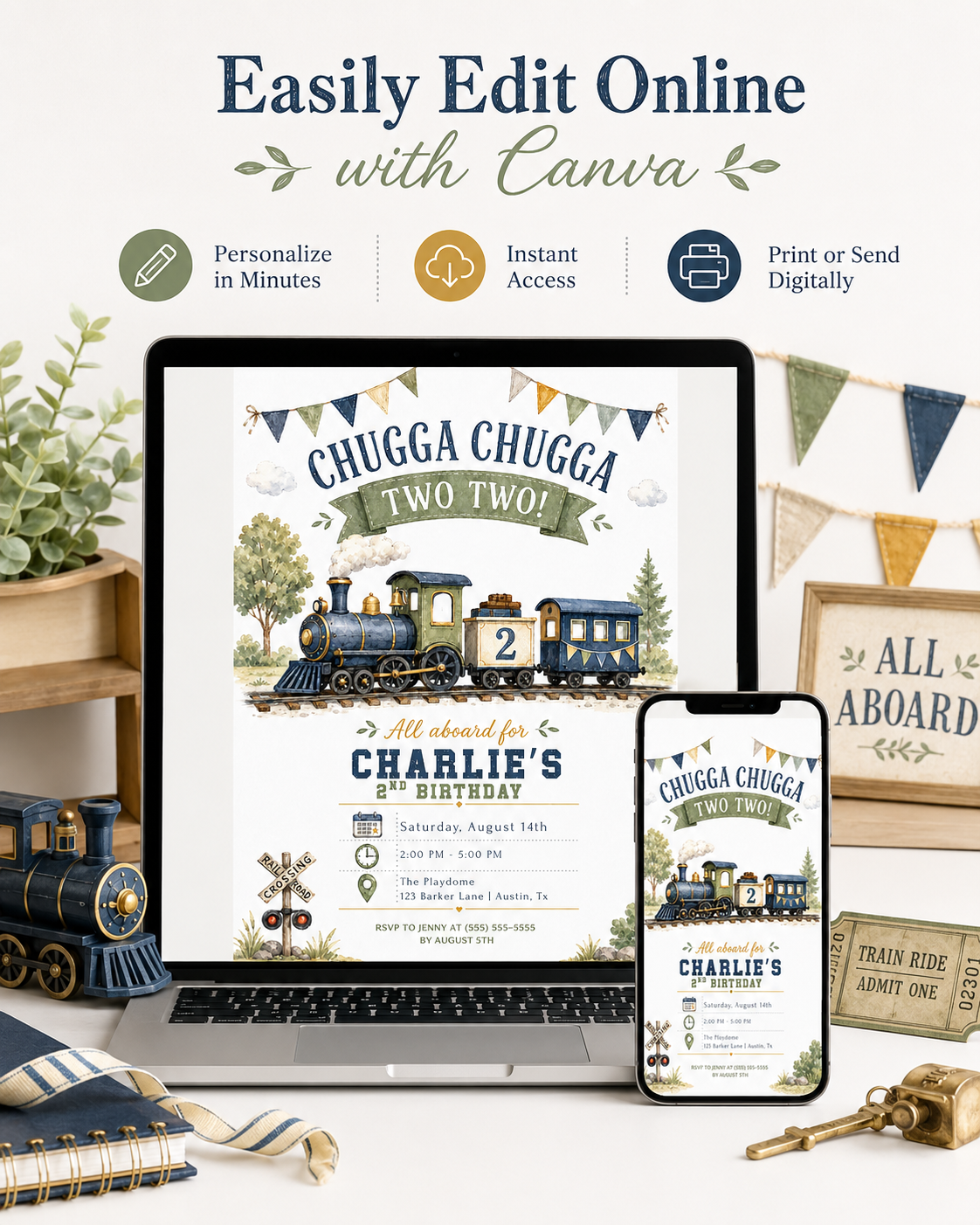 Chugga Chugga Two Two second birthday invitation featuring a navy and sage steam train, railroad crossing sign, trees and bunting.
