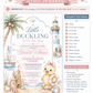 Beach duckling baby shower invitation with baby duck, pink bow, sailboat, lighthouse, sandcastle, seashells, starfish, ocean waves, and soft pastel girl shower details