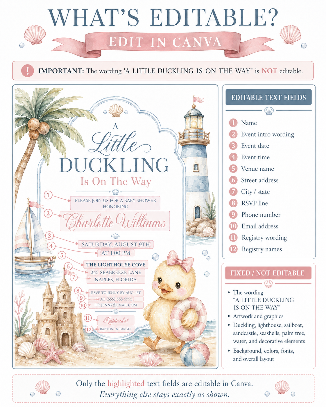 Beach duckling baby shower invitation with baby duck, pink bow, sailboat, lighthouse, sandcastle, seashells, starfish, ocean waves, and soft pastel girl shower details