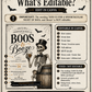 Boos and booze Halloween party invitation with dapper skeleton holding a drink, bats, spiderwebs, vintage typography, barrel, and black gold spooky details