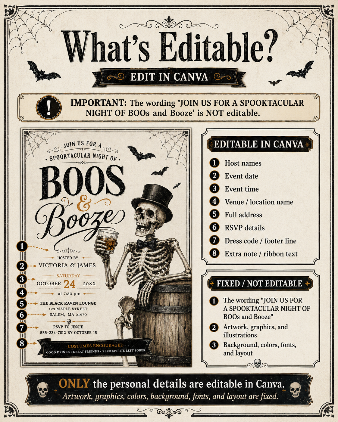 Boos and booze Halloween party invitation with dapper skeleton holding a drink, bats, spiderwebs, vintage typography, barrel, and black gold spooky details