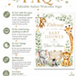 Editable safari baby shower welcome sign Canva template with watercolour monkey, giraffe, elephant, lion cub, and zebra surrounded by eucalyptus and tropical leaves with gold accents on a white background