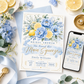 Main squeeze bridal shower invitation with blue peonies, lemons, and citrus slices in dusty blue and yellow