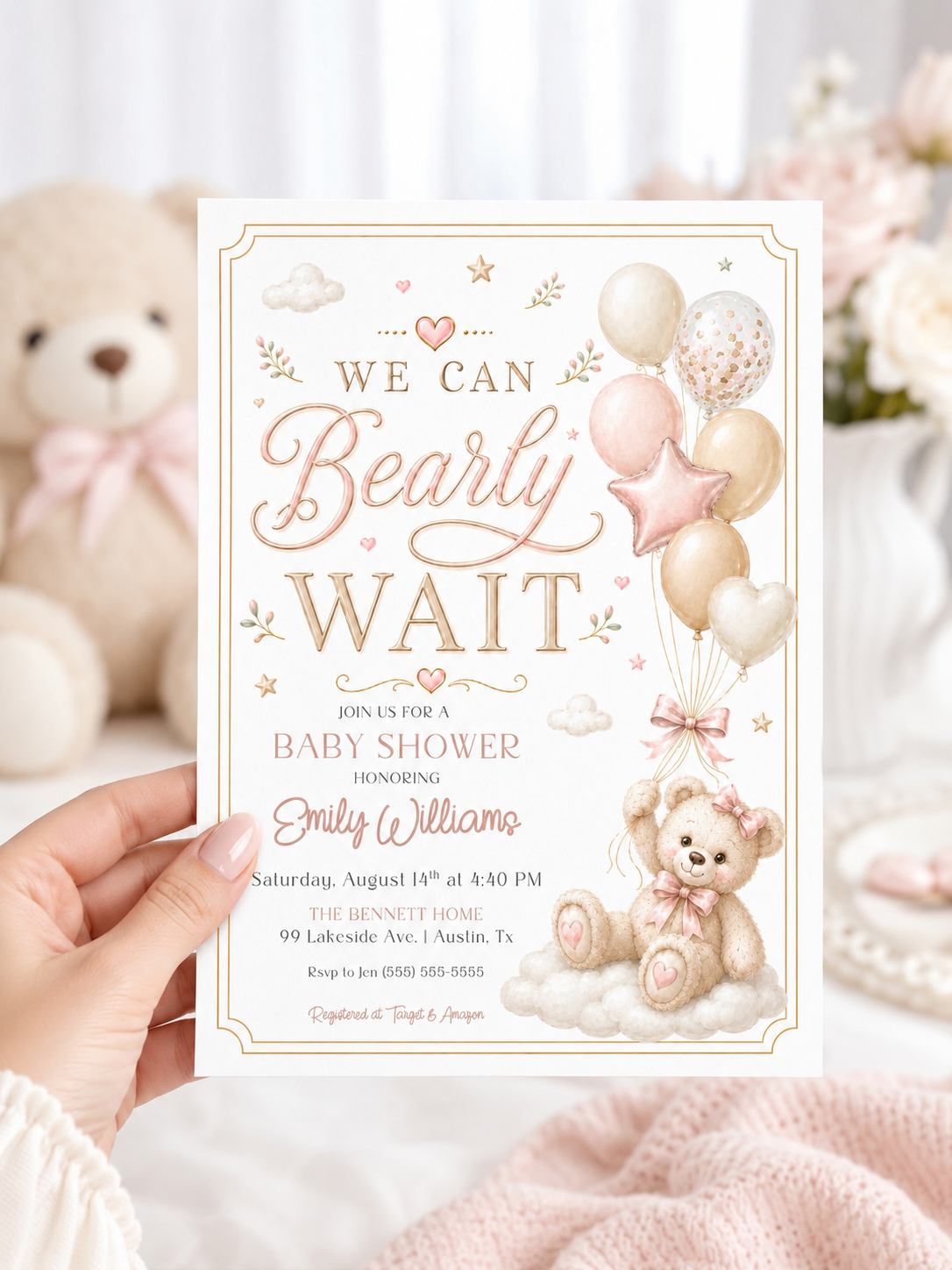 We can bearly wait girl baby shower invitation with a teddy bear and balloons in blush pink, cream, and gold