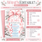 Winter Onederland 1st birthday invitation with a large pink bow, flowing ribbons, silver and pink snowflakes, and snow-covered trees decorated with pink bows