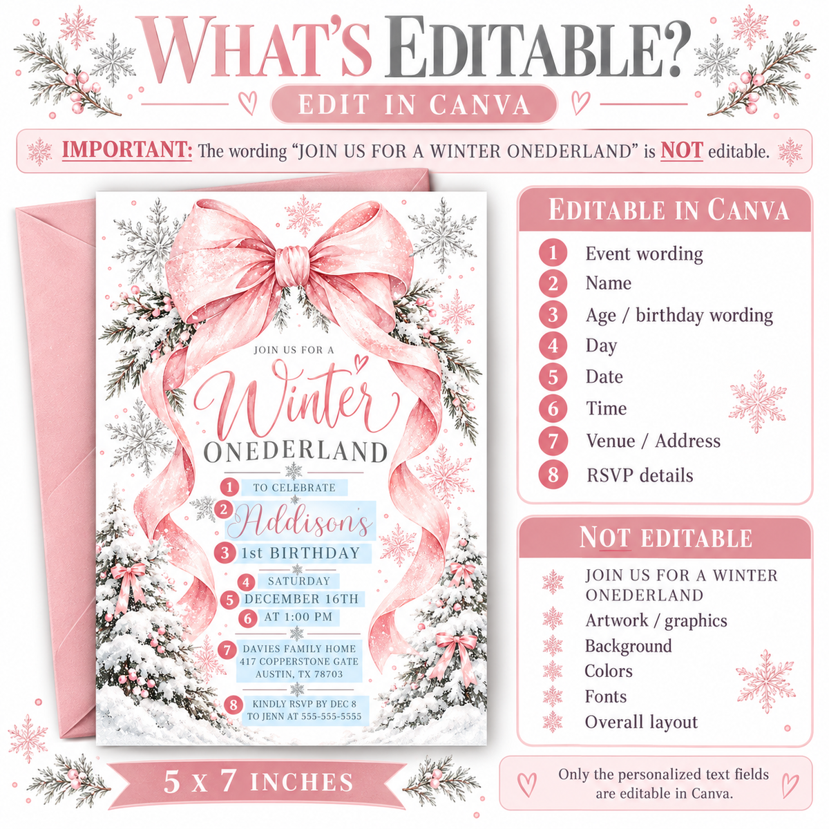 Winter Onederland 1st birthday invitation with a large pink bow, flowing ribbons, silver and pink snowflakes, and snow-covered trees decorated with pink bows
