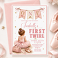 Dance first birthday invitation with little ballerina in pink tutu, ballet slippers, dance bag, bows, gold stars, ONE banner, and soft blush details