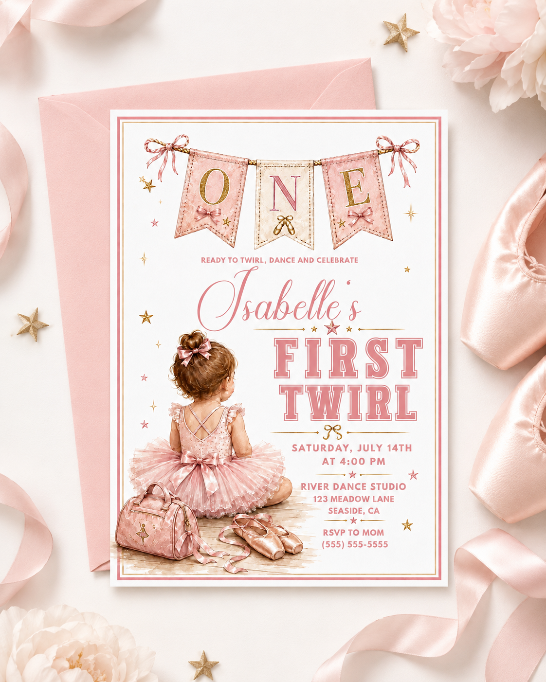 Dance first birthday invitation with little ballerina in pink tutu, ballet slippers, dance bag, bows, gold stars, ONE banner, and soft blush details