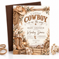 Cowboy baby shower invitation with western boots, cowboy hat, rope, lantern, rustic barn, wagon wheel, and neutral florals in brown tones