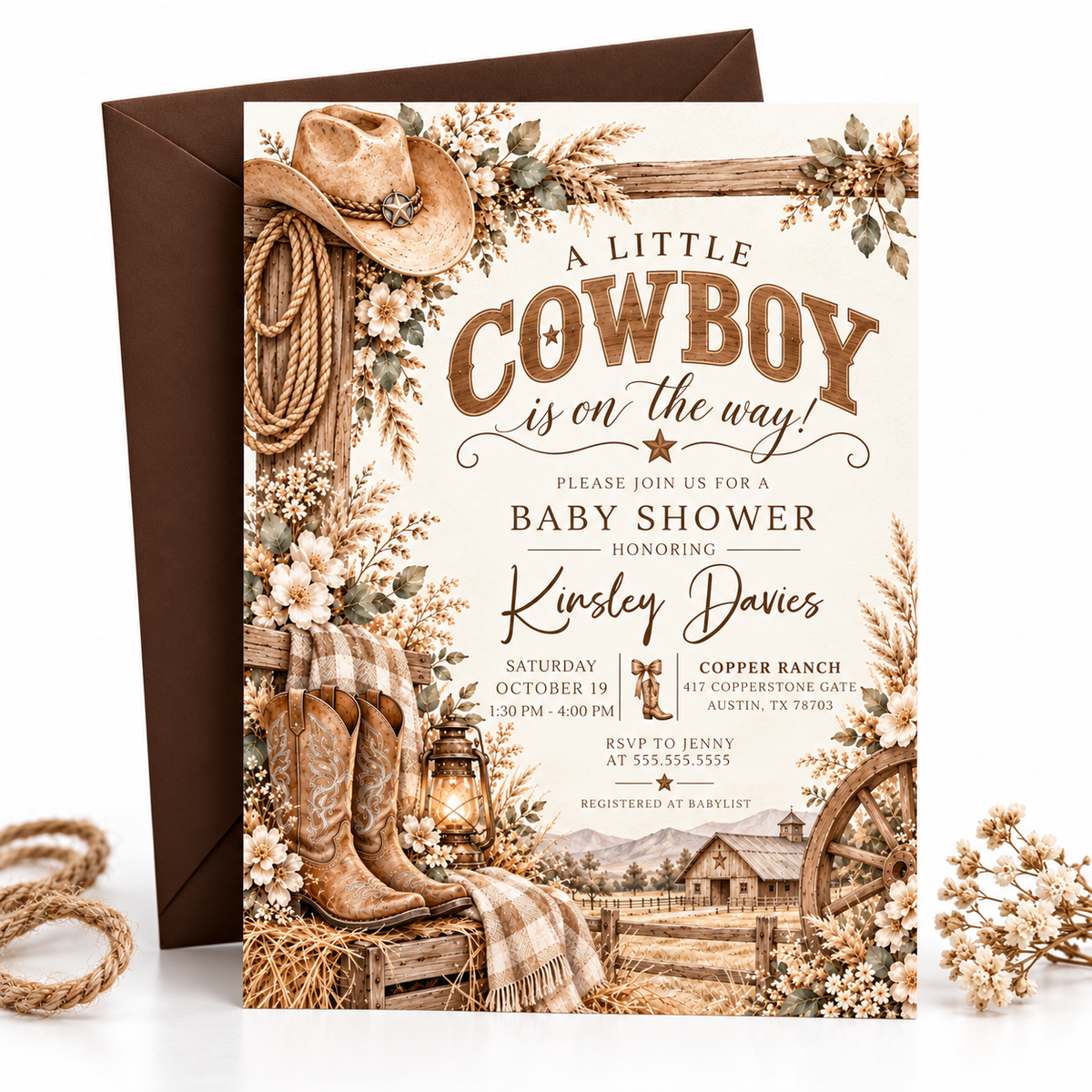 Cowboy baby shower invitation with western boots, cowboy hat, rope, lantern, rustic barn, wagon wheel, and neutral florals in brown tones