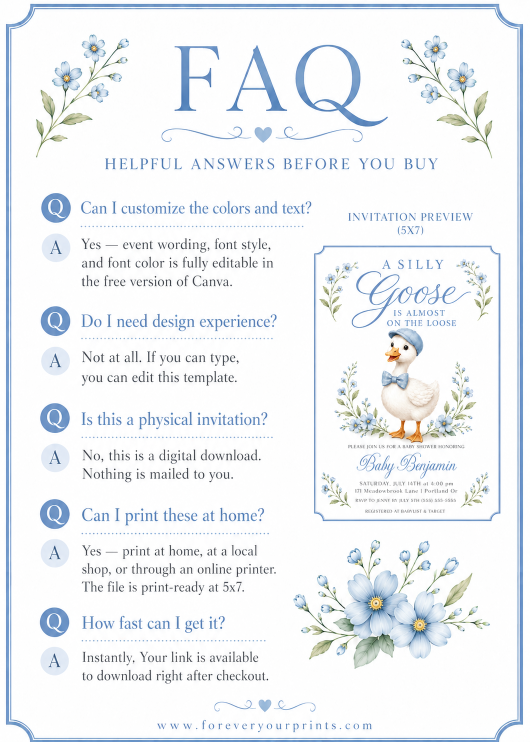 Editable silly goose boy baby shower invitation Canva template with illustrated gosling in blue newsboy cap and gingham bow tie, blue wildflowers, botanical sprigs, and blue border on a white background