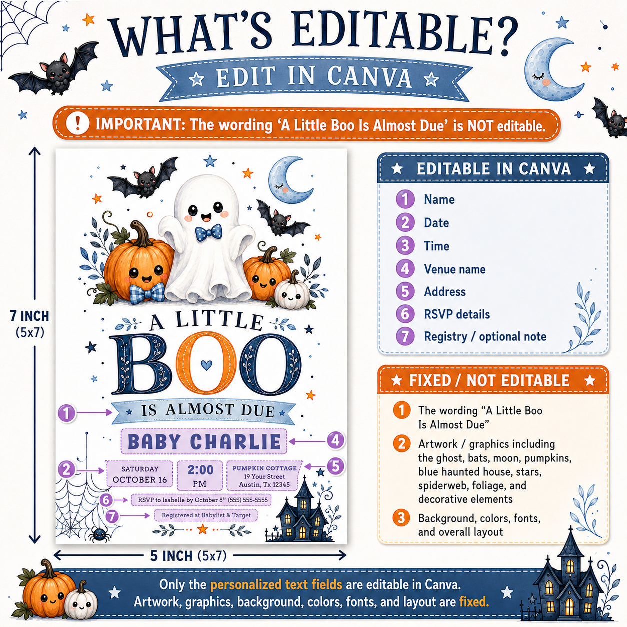 Little boo boy baby shower invitation with cute ghost, blue bow tie, pumpkins, bats, crescent moon, spiderweb, haunted house, and spooky-cute Halloween details