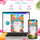 Aloha pool party birthday invitation featuring a tropical swimming pool, pink flamingo float, hibiscus flowers, beach ball, sunglasses and fruit drink.
