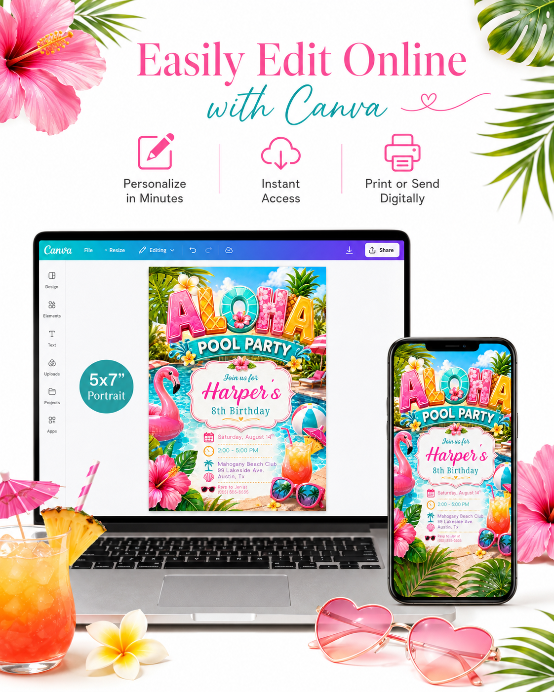 Aloha pool party birthday invitation featuring a tropical swimming pool, pink flamingo float, hibiscus flowers, beach ball, sunglasses and fruit drink.
