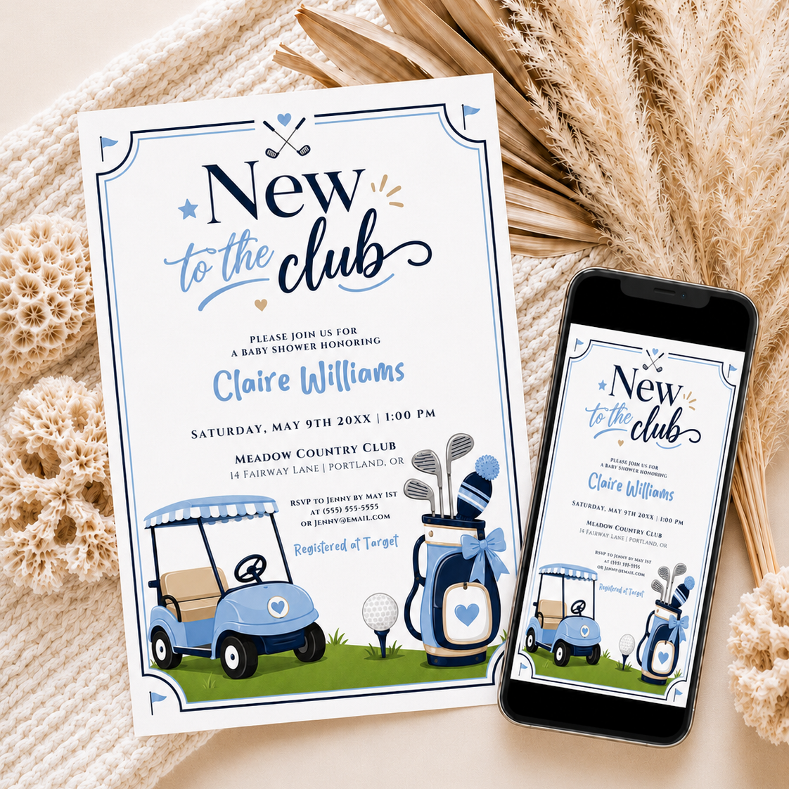 Editable new to the club golf baby shower invitation Canva template with blue golf cart, navy golf bag with bow, crossed clubs, corner pennants, and navy and sky blue typography on a white background
