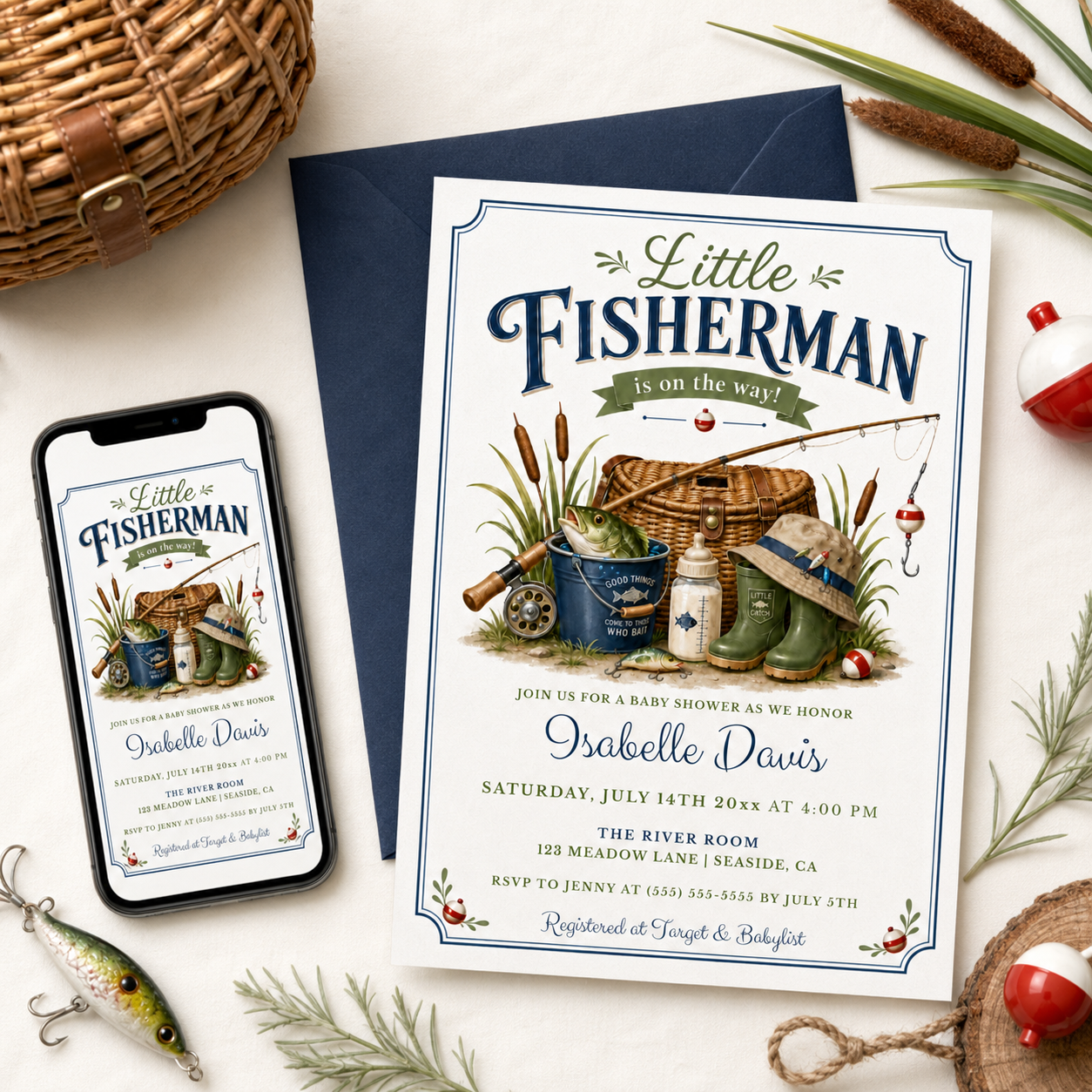 Little fisherman baby shower invitation with fishing gear, a creel basket, and green boots in navy and green