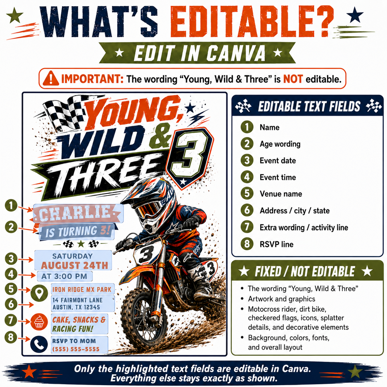 Young wild and three motocross invitation with dirt bike rider, checkered flags, racing helmet, muddy tire splashes, stars, lightning accents, and bold boys 3rd birthday details