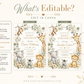 Editable safari baby shower invitation Canva template with watercolour monkey, giraffe, elephant, lion cub, and zebra surrounded by eucalyptus, tropical leaves, and cream wildflowers on a white background