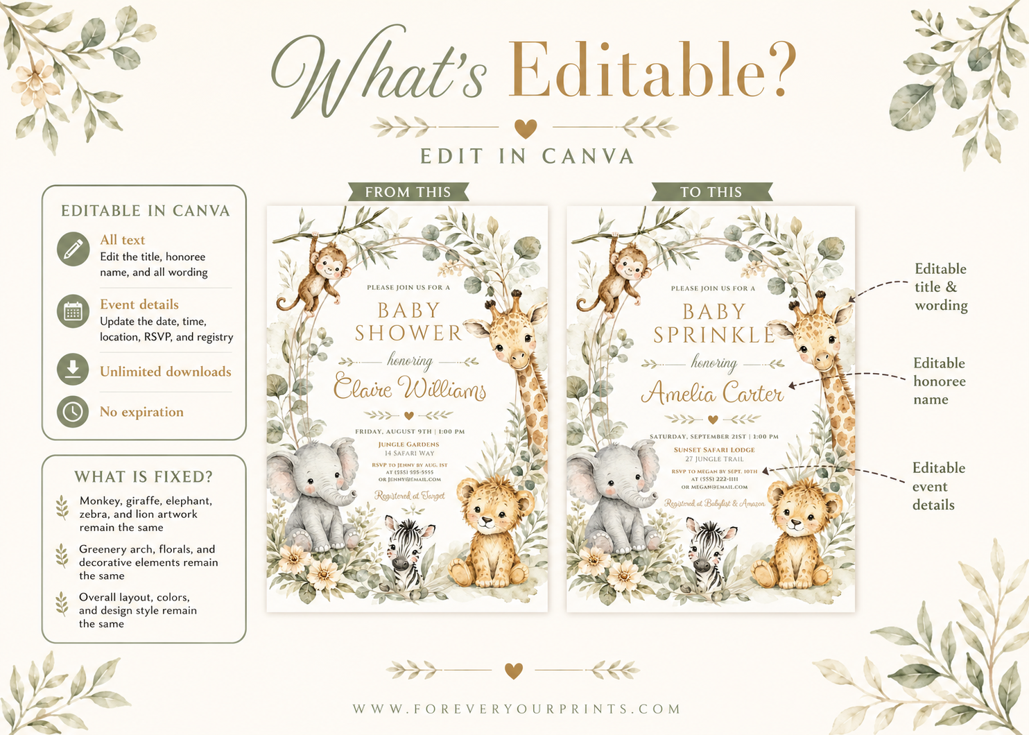 Editable safari baby shower invitation Canva template with watercolour monkey, giraffe, elephant, lion cub, and zebra surrounded by eucalyptus, tropical leaves, and cream wildflowers on a white background