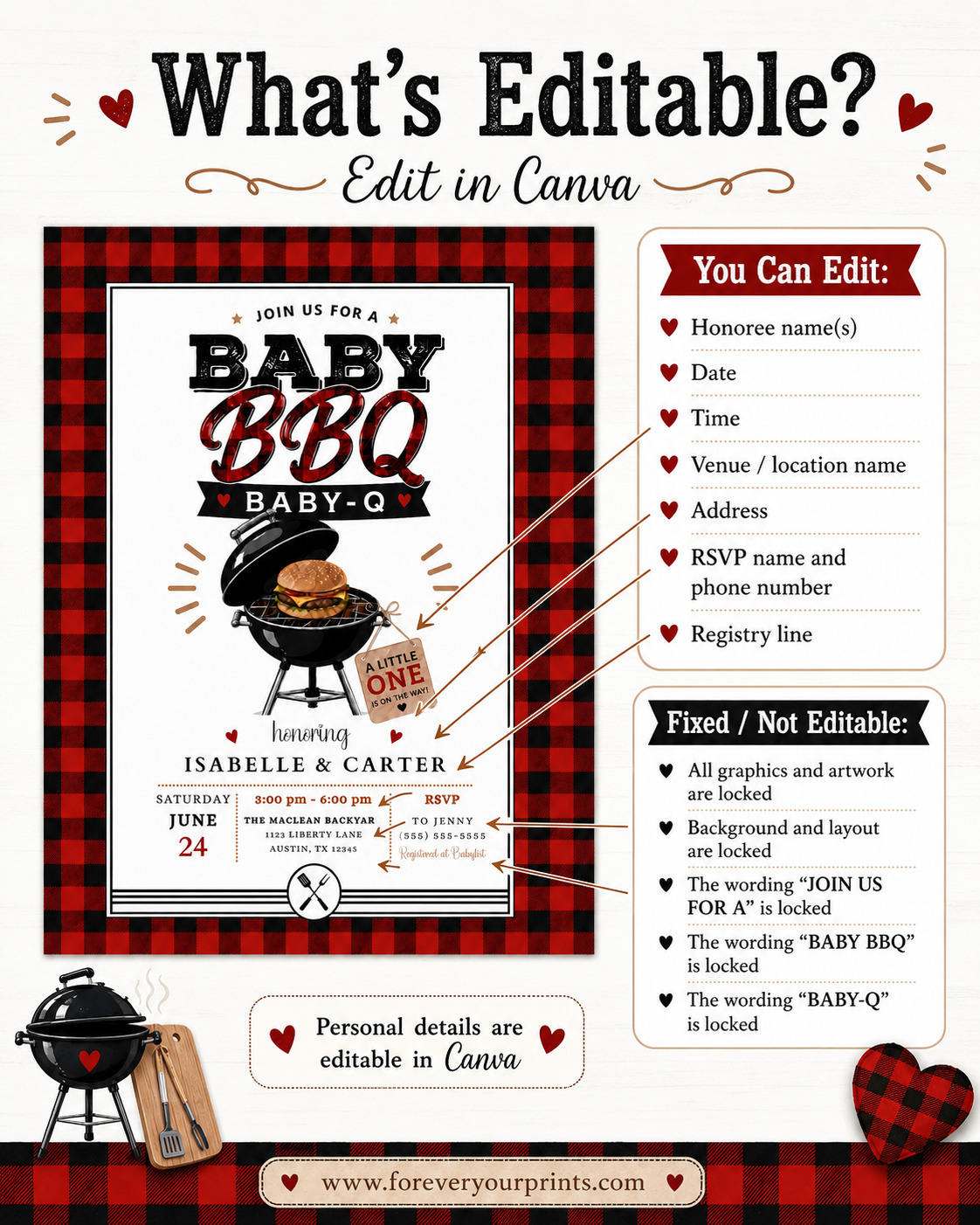 Buffalo plaid BBQ baby shower invitation with a grill and burger in red, black, and white