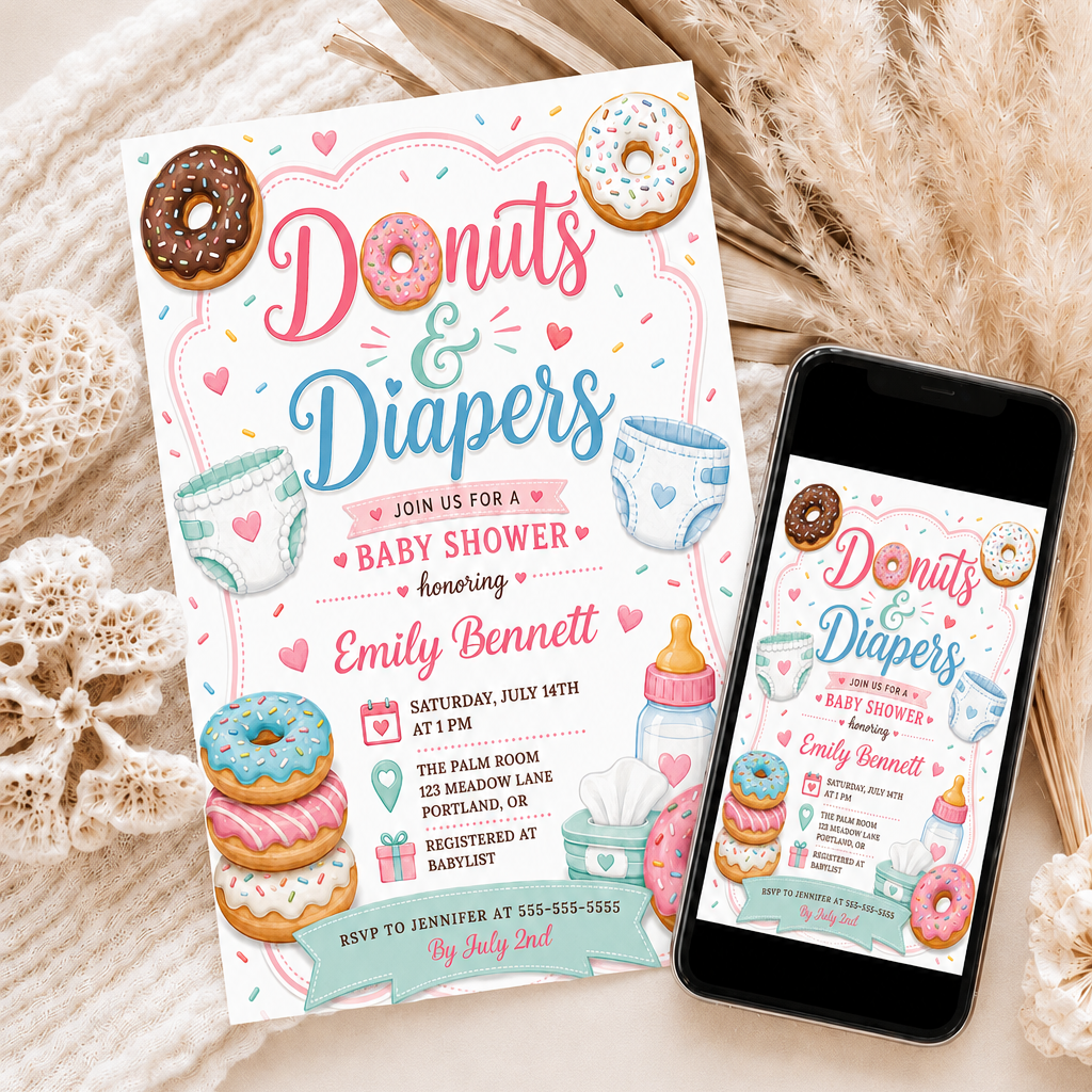 Editable donuts and diapers baby shower invitation Canva template with illustrated donuts, diapers, baby bottle, wipes, hearts and sprinkles in pink, mint, and blue on a white background