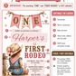 A rustic western-themed first birthday invitation card with an illustrated child at a rodeo.