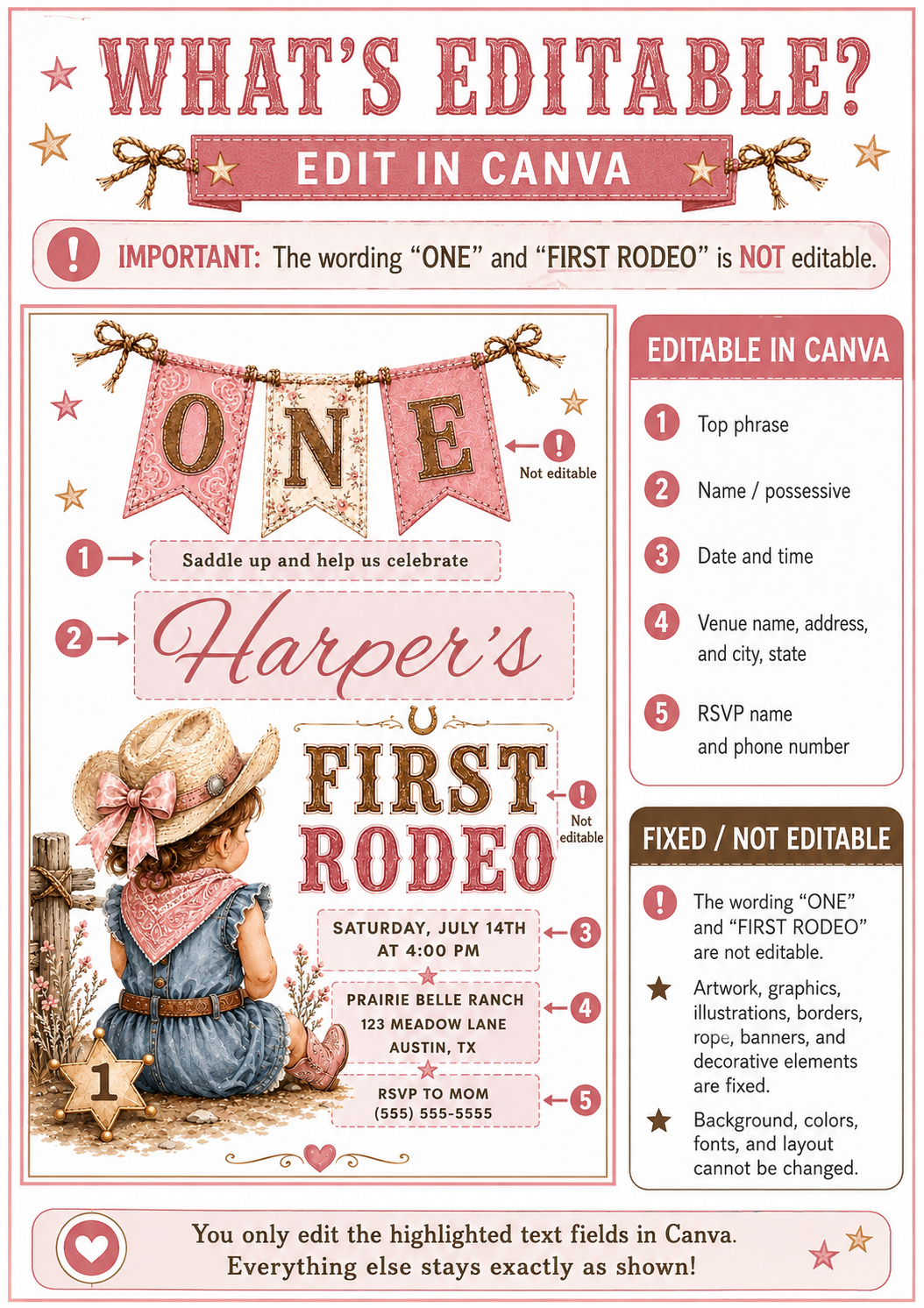 A rustic western-themed first birthday invitation card with an illustrated child at a rodeo.