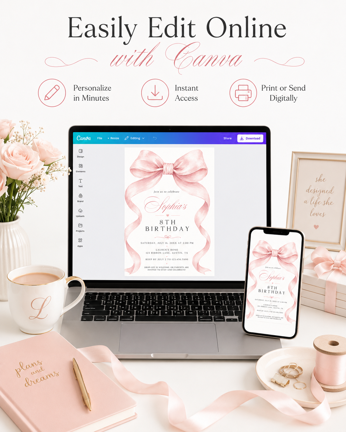 Pink bow birthday invitation for girls featuring a large blush pink ribbon, flowing bow tails and elegant pink and black typography.