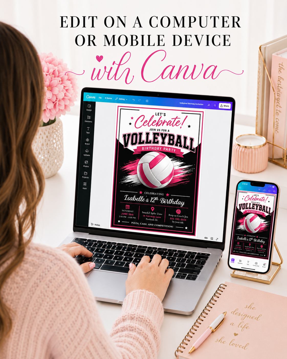 Pink volleyball birthday invitation with a pink and white volleyball and brush strokes in pink, black, and white
