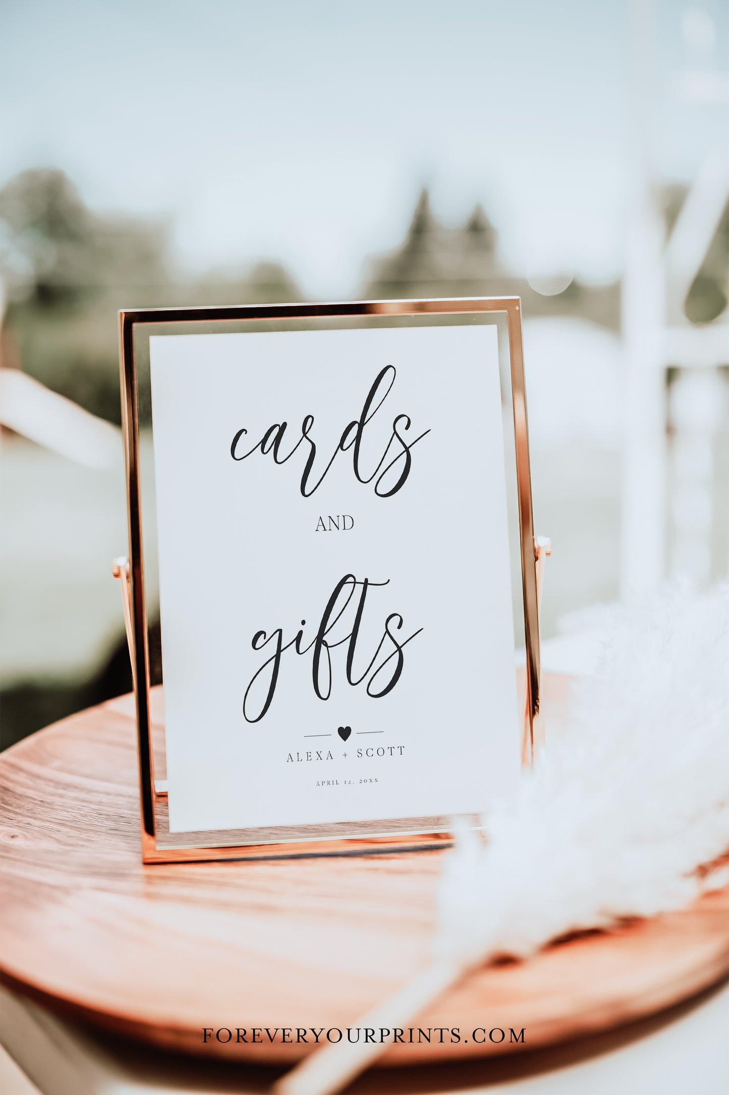 Editable "Cards and Gifts" sign with minimalist black script on white background, printable for weddings and showers | www.foreveryourprints.com
