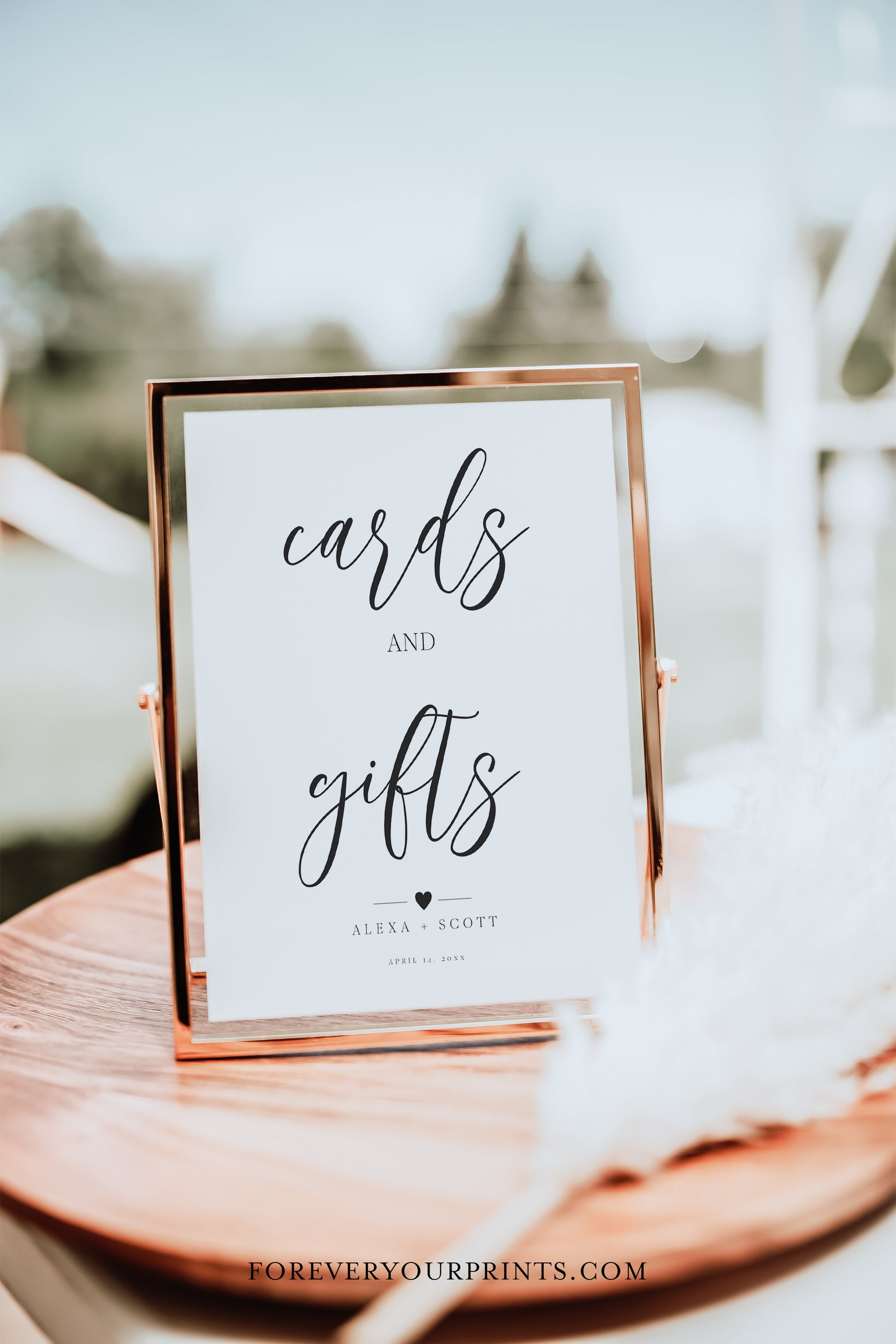 Editable "Cards and Gifts" sign with minimalist black script on white background, printable for weddings and showers | www.foreveryourprints.com