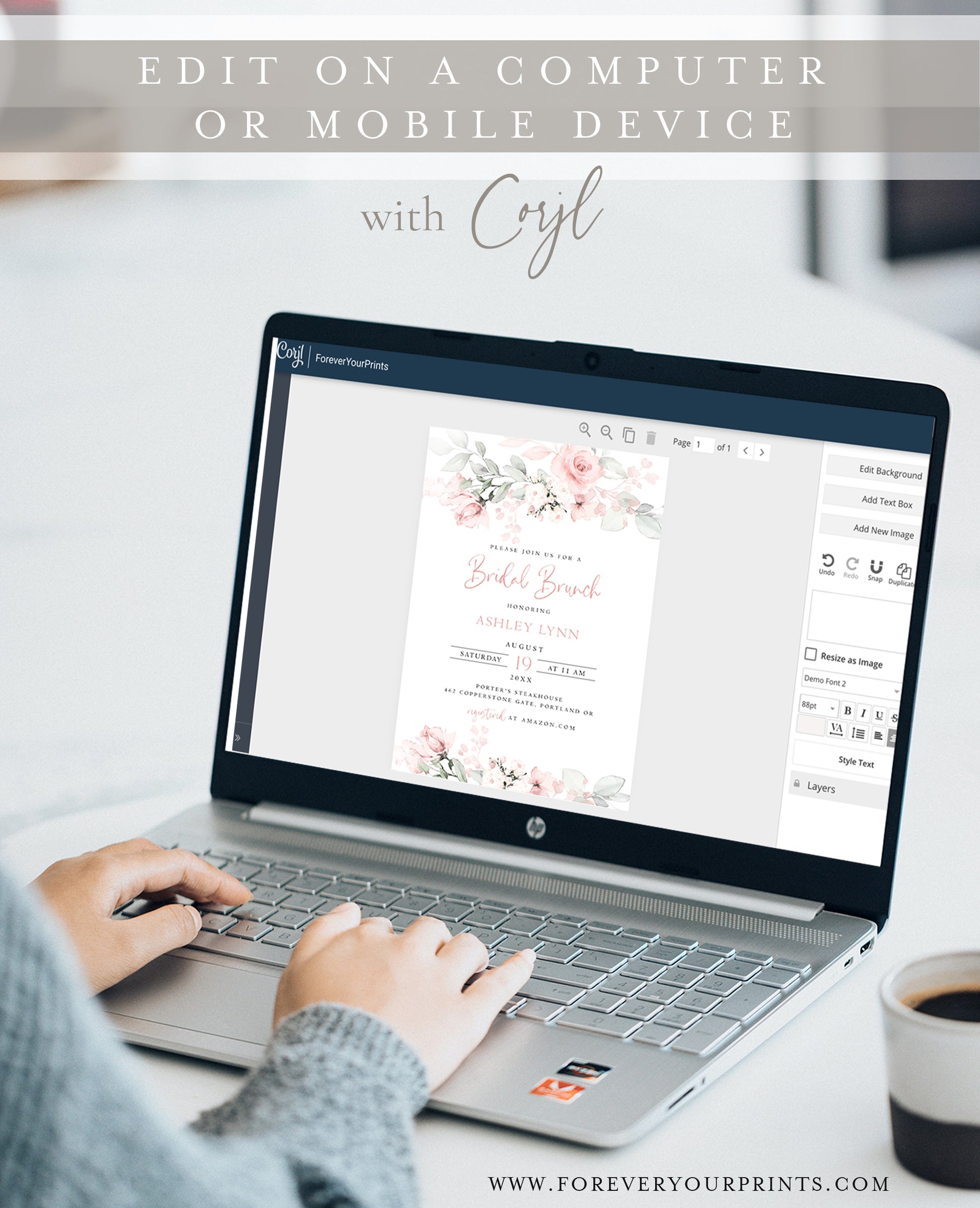 Bridal brunch invitation featuring blush watercolor florals and elegant script layout, editable and personalized with Corjl | www.foreveryourprints.com