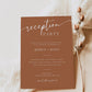 Terracotta minimalist wedding reception party invitation template with white script and serif typography, editable in Canva