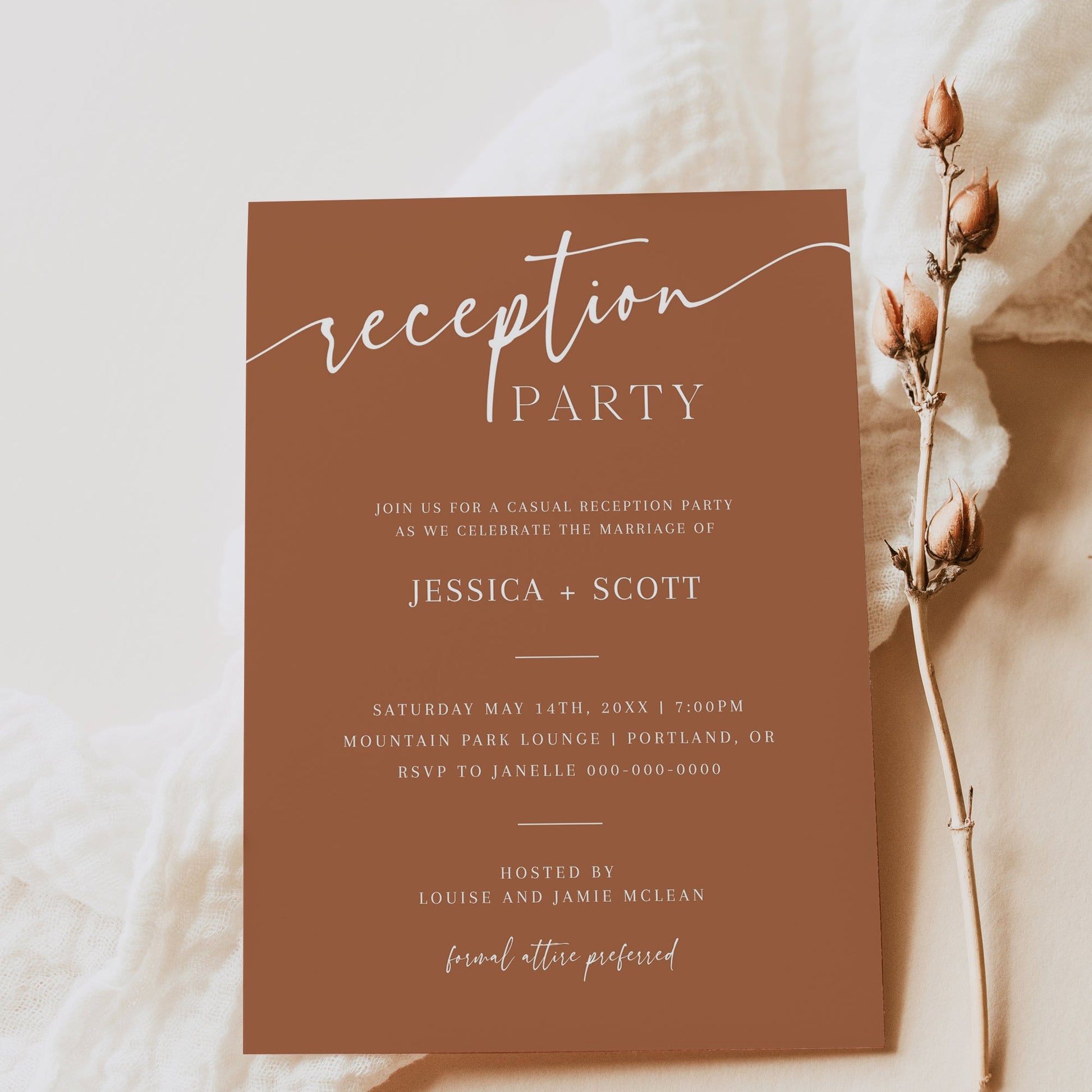 Terracotta minimalist wedding reception party invitation template with white script and serif typography, editable in Canva