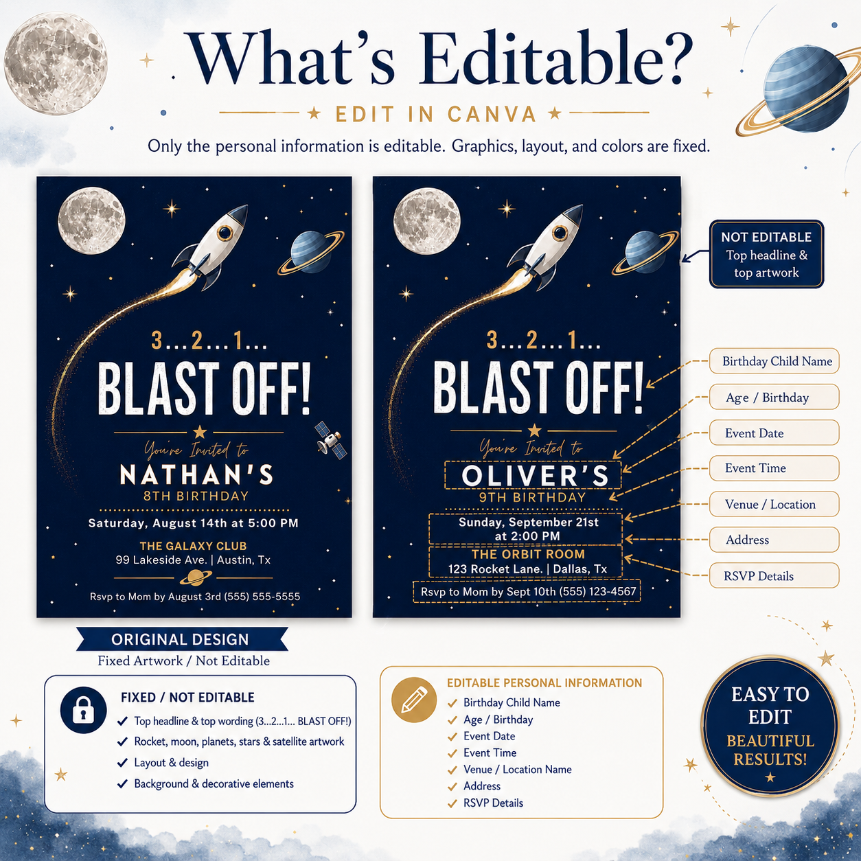 Rocket ship birthday party invitation with a rocket, moon, and planet on a navy and gold space background