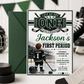 First Period first birthday invitation with little hockey player, ice rink, scoreboard, goal net, hockey stick, puck, and green black sports party details