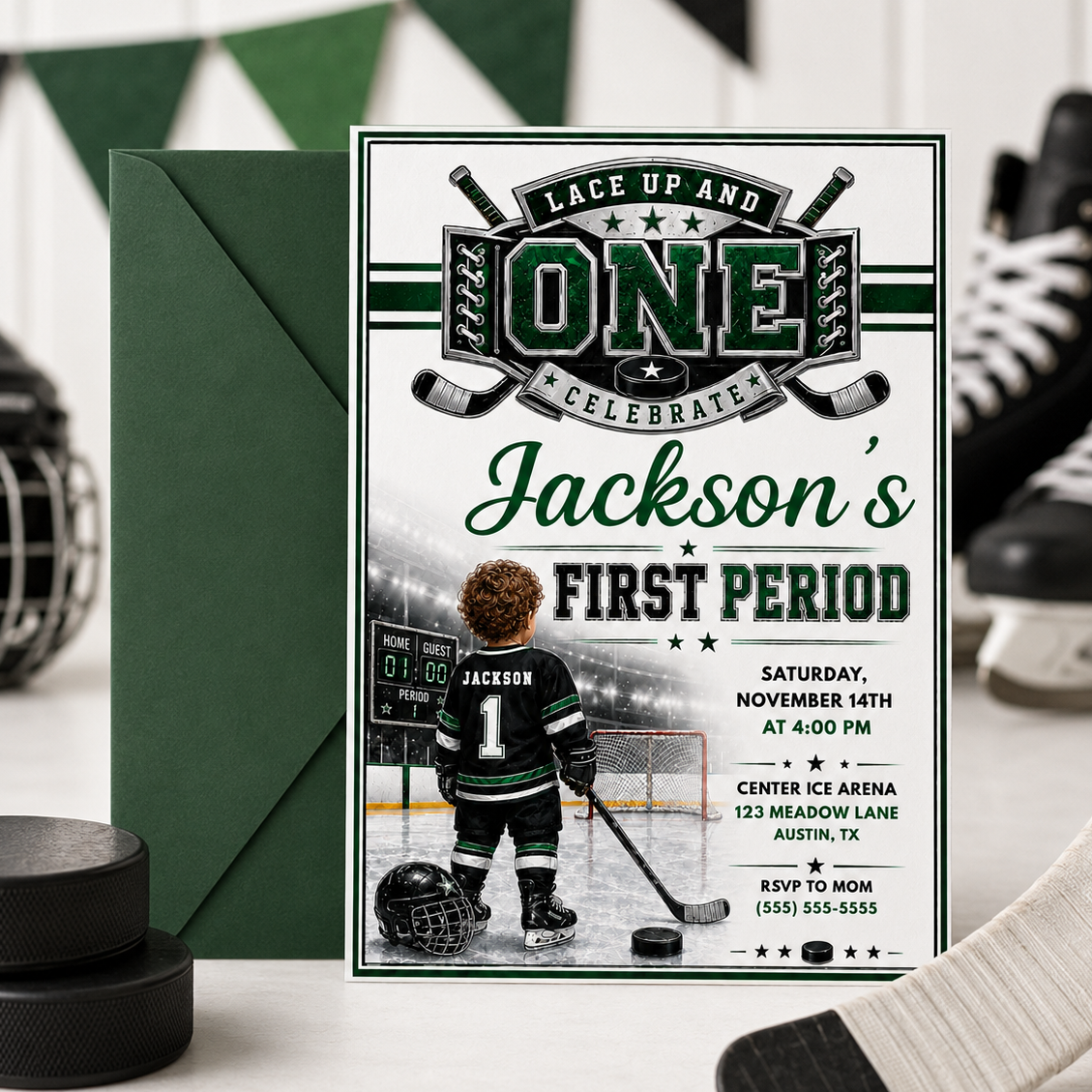 First Period first birthday invitation with little hockey player, ice rink, scoreboard, goal net, hockey stick, puck, and green black sports party details