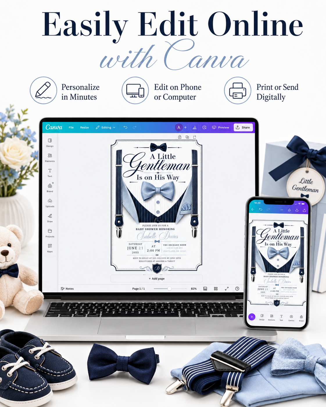 Little gentleman baby shower invitation with navy suspenders, blue bow tie, pinstripe vest, pocket square, buttons, and elegant baby boy shower details