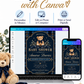 Teddy bear baby shower invitation with a brown bear wearing a navy bow, blue plaid border, gold lettering, stars, and greenery on a dark navy background