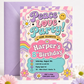 Peace love party birthday invitation with pastel checkerboard, rainbow waves, flowers, hearts, smiley faces, and peace sign retro details