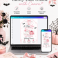 Tiny Boo baby shower invitation with cute ghost, pink pumpkin, crescent moon, bows, bats, stars, and pink Halloween baby girl shower details
