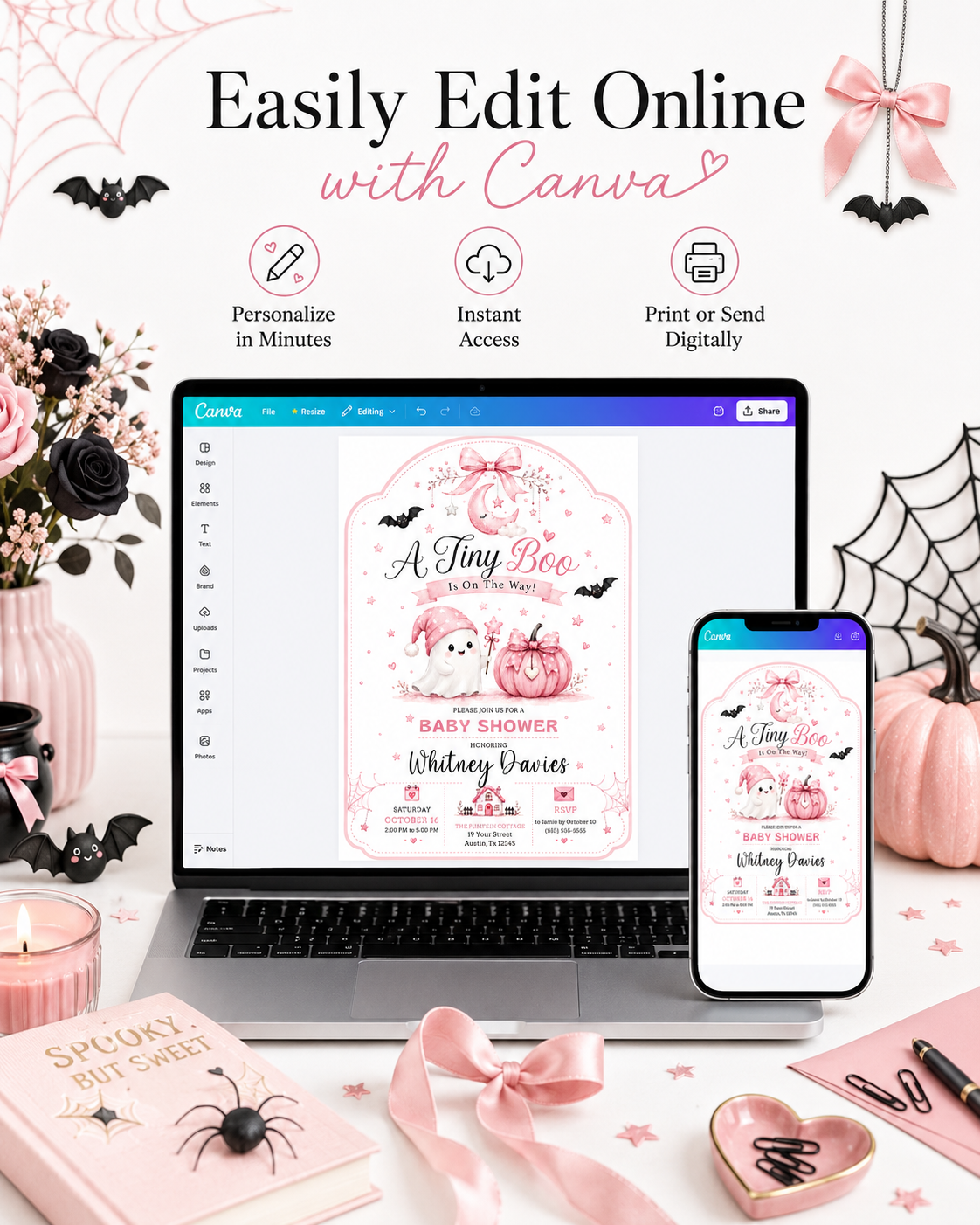 Tiny Boo baby shower invitation with cute ghost, pink pumpkin, crescent moon, bows, bats, stars, and pink Halloween baby girl shower details