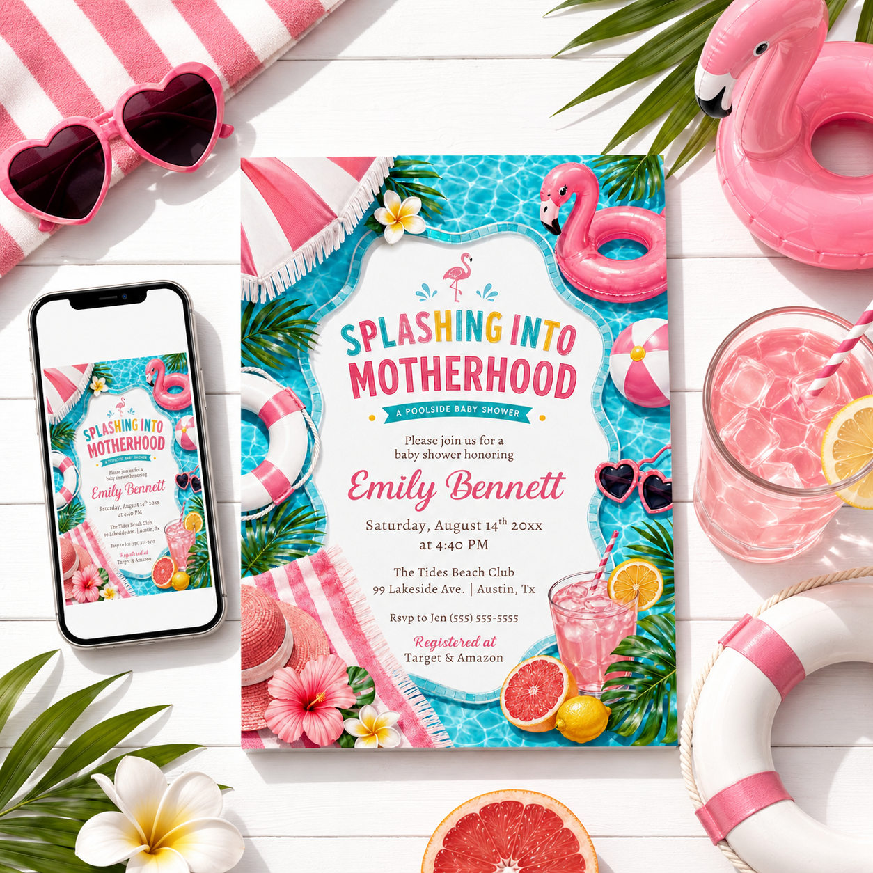Poolside baby shower invitation with a flamingo float, beach ball, and tropical drinks in pink and aqua