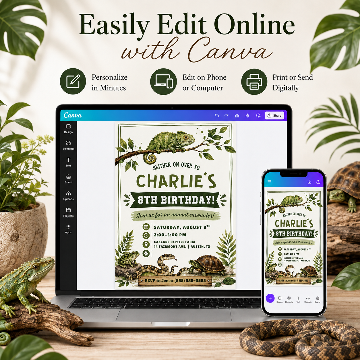 Reptile birthday invitation with chameleon, snake, frog, turtle, leafy greenery, and rustic animal encounter birthday party details