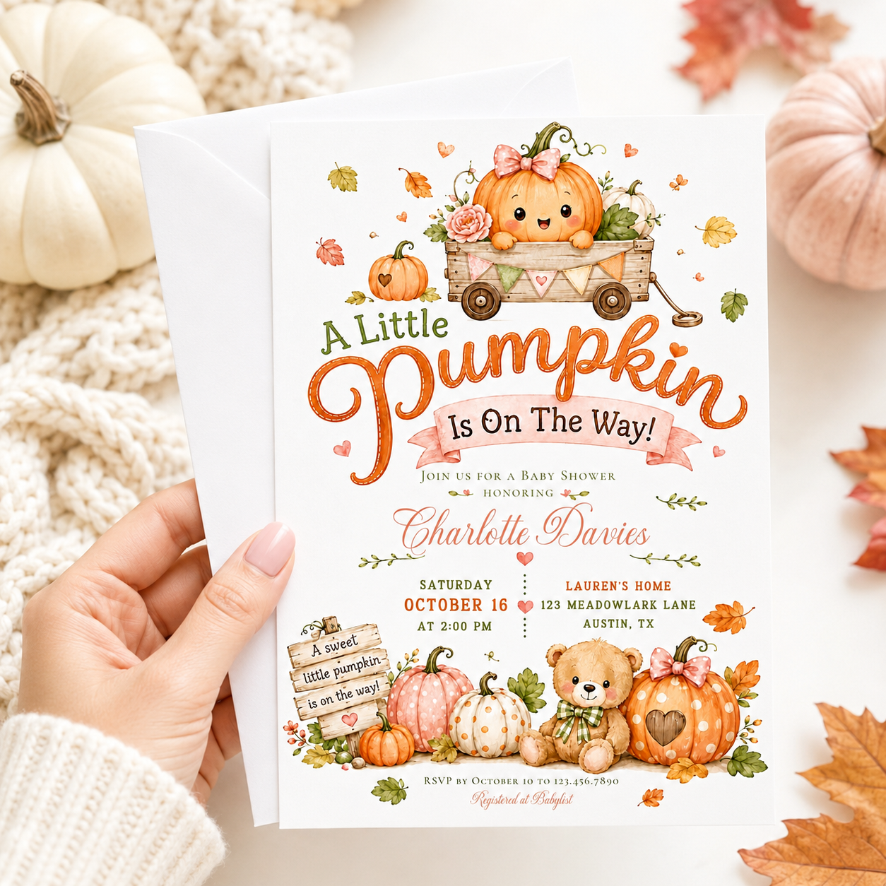 Little pumpkin baby shower invitation with pumpkins, teddy bear, wooden wagon, autumn leaves, pink bows, rustic sign, florals, and soft fall details