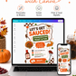 Thanksgiving party invitation with Let’s Get Sauced headline, cartoon turkey, pumpkin pie, gravy boat, sauce bottle, and orange and green fall details