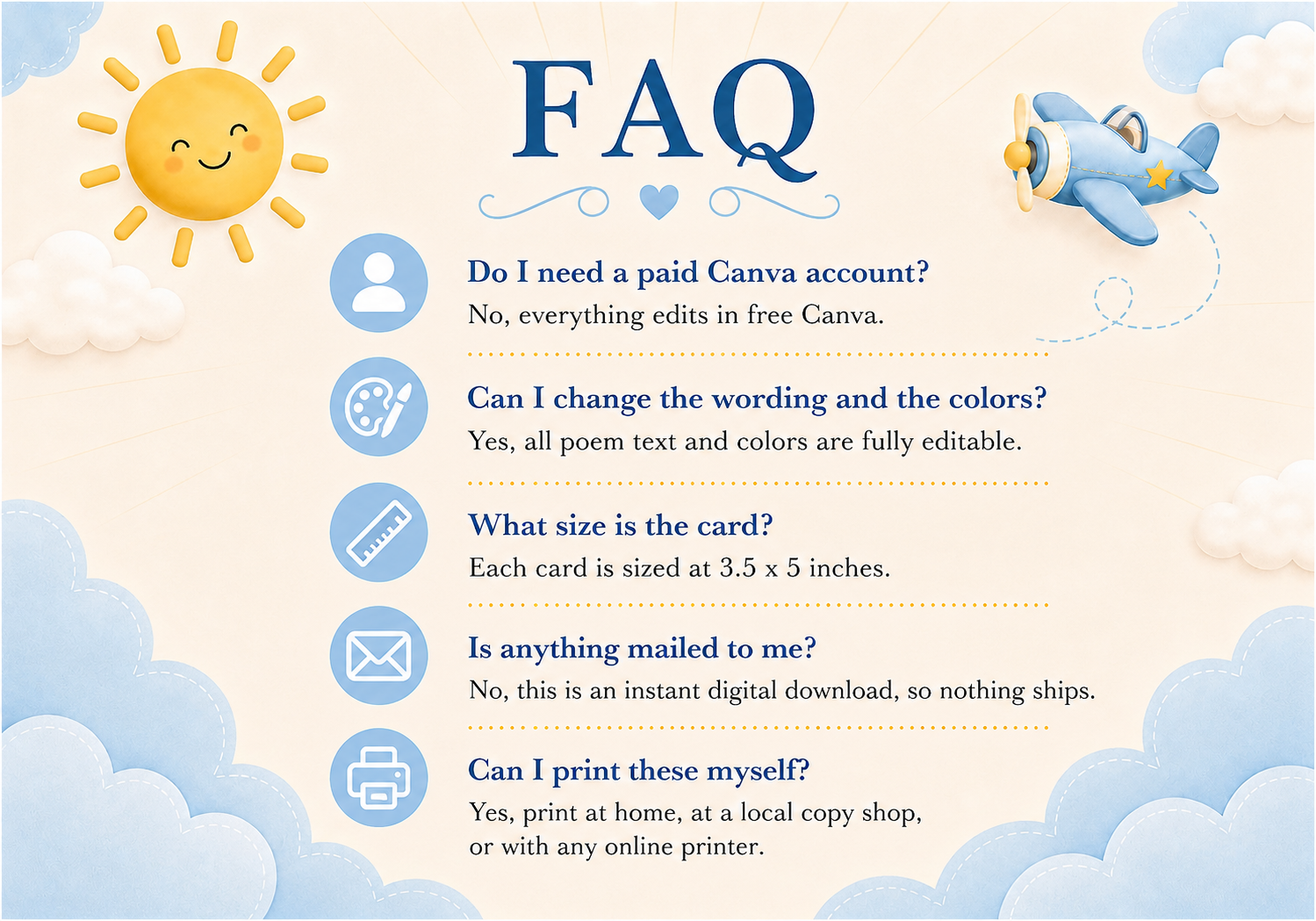 Editable here comes the son books for baby card Canva template with smiling sun, blue toy airplane, fluffy clouds, and navy and golden script typography on a warm cream background, landscape orientation