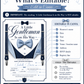 Little gentleman baby shower invitation with navy suspenders, blue bow tie, pinstripe vest, pocket square, buttons, and elegant baby boy shower details