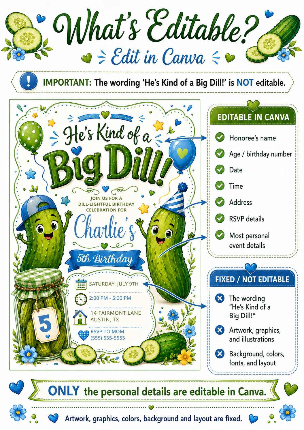 Boys Big Dill birthday invitation featuring cute pickle characters, pickle jar, balloons, party hat, blue and green details and sliced pickles.
