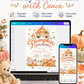 Little pumpkin baby shower invitation with pumpkins, teddy bear, wooden wagon, autumn leaves, pink bows, rustic sign, florals, and soft fall details
